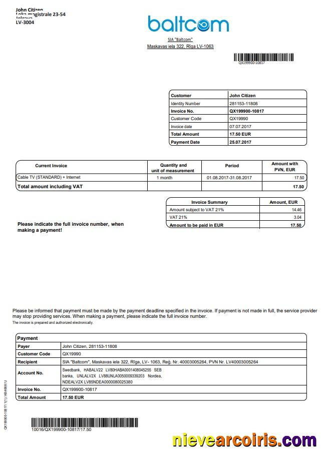 Latvia Baltcom telecommunications utility bill English version